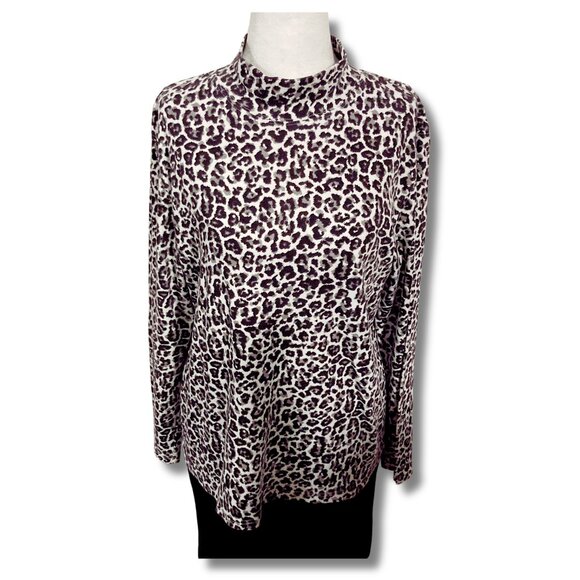 KAREN SCOTT Grey black leopard print mockneck top ~ LARGE XL 1X stretchy shirt - Picture 1 of 12